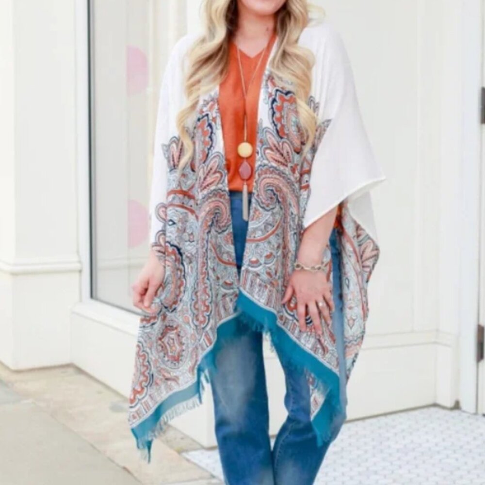 J.Jill Viscose Paisley Open Front Poncho Topper One Size Cream Teal Rust